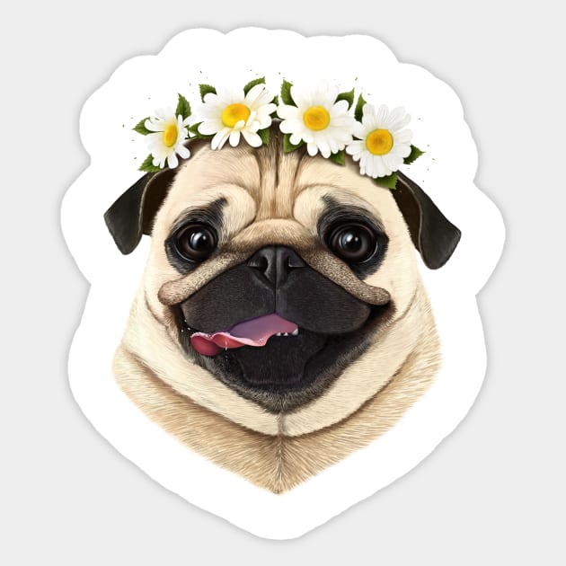 Pug with flowers Sticker by kodamorkovkart